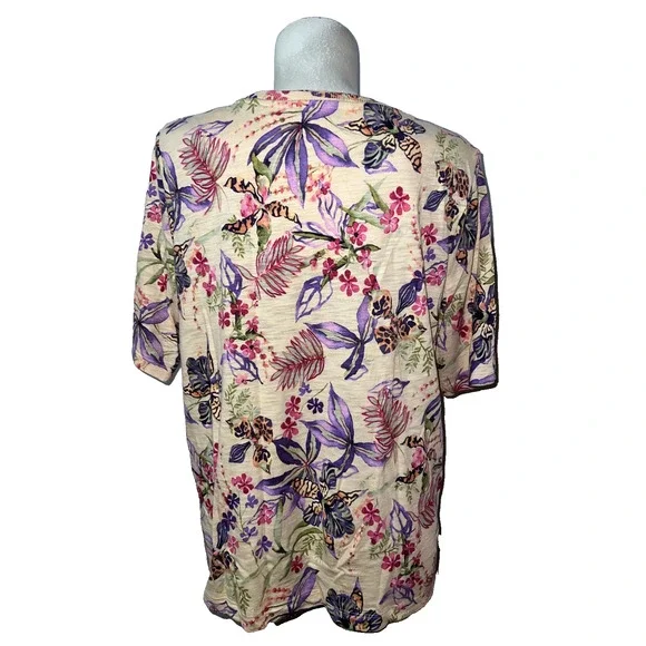 Chico's Top XL (3) Tropical Floral Elbow Sleeve Tee Sunset Peach Purple - Picture 5 of 6